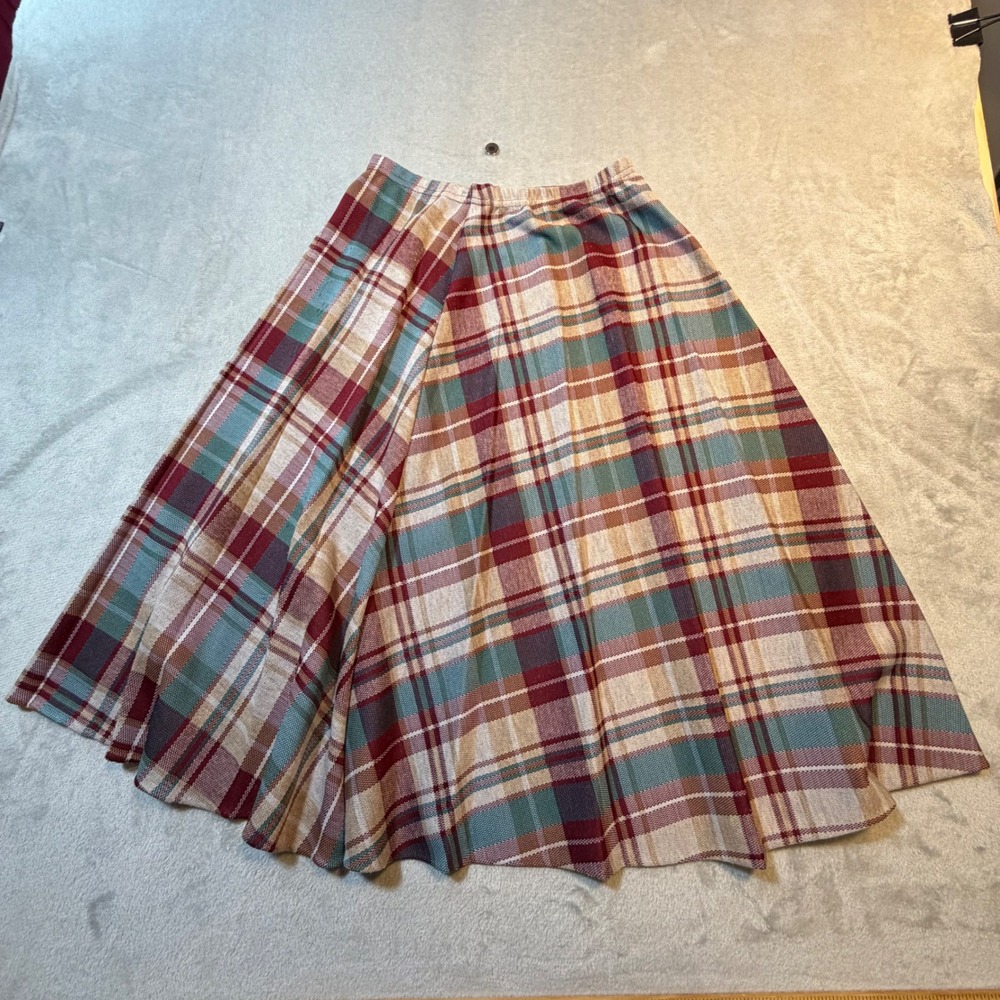 Union made 70s Vintage Plaid A-Line Midi Skirt Red Teal Knit Elastic 12 Academia